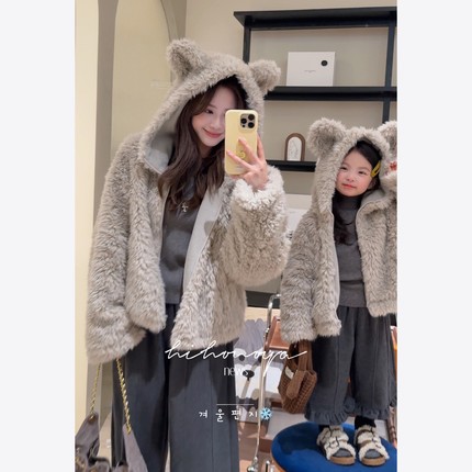 Spring韩国童装2025年秋冬新款亲子羊羔毛仿皮草外套女童连帽衣服