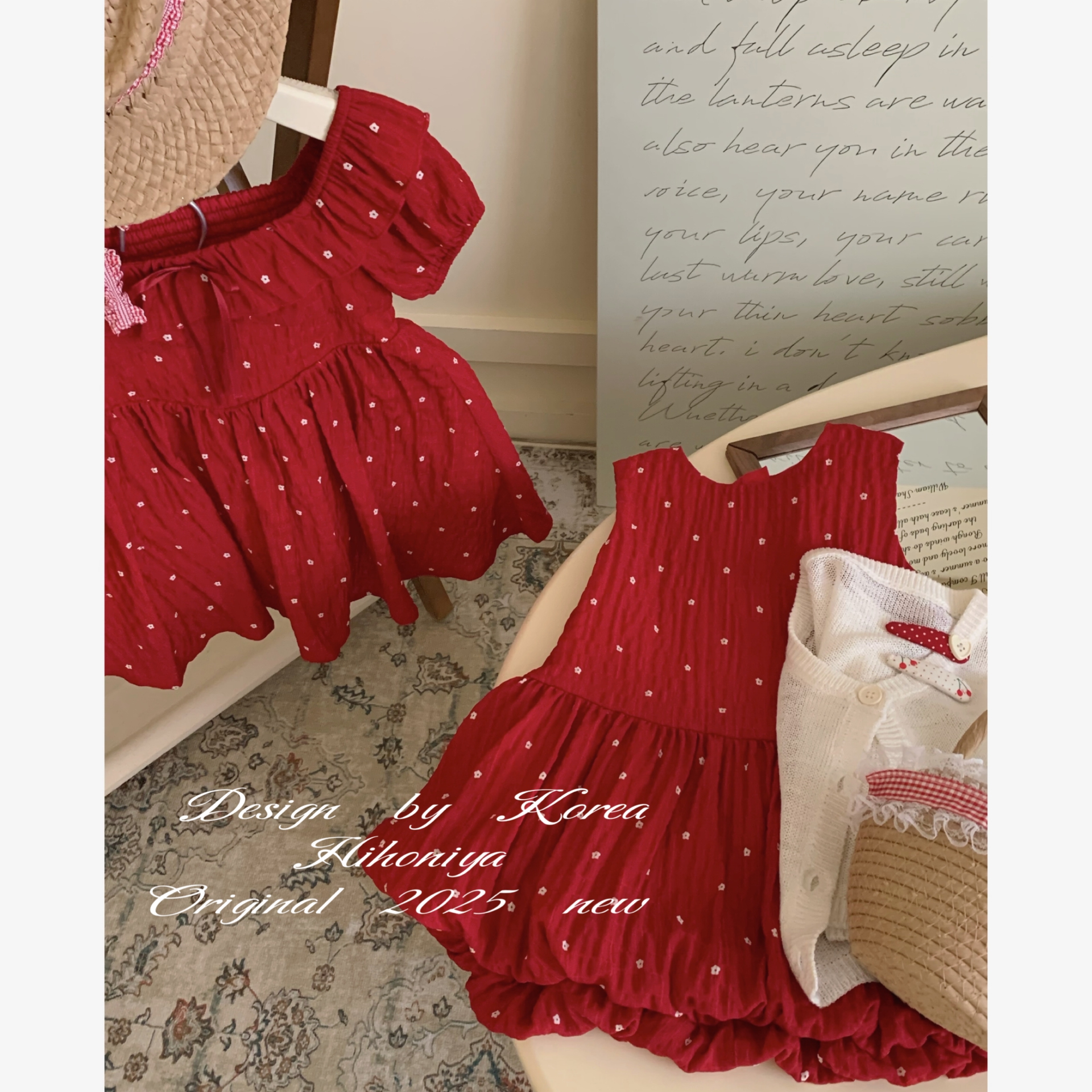 Spring韩国童装2025年夏季新款亲子复古红色波点连衣裙女小童裙子