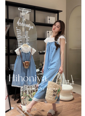 Spring韩国童装2024夏季儿童无袖蕾丝边长款吊带连衣裙女童连体裤