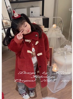 Spring韩国童装2024冬季亲子红色羊羔毛麂皮韩版外套女童保暖衣服