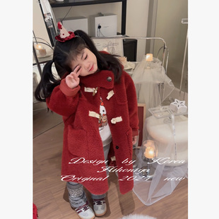 Spring韩国童装2024冬季亲子红色羊羔毛麂皮韩版外套女童保暖衣服