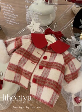 Spring韩国童装新国标90白鸭绒红格纹亲子大衣宝宝羽绒服保暖外套