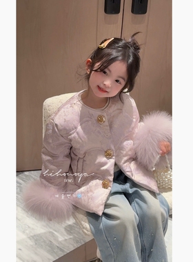 Spring韩国童装2026年冬季新款亲子国风狐狸毛羽绒服女童保暖外套