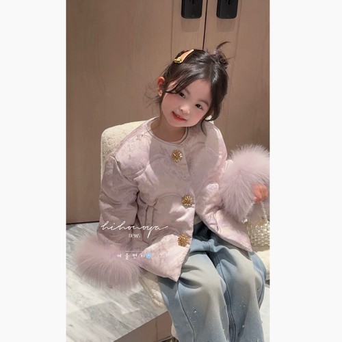 Spring韩国童装2026年冬季新款亲子国风狐狸毛羽绒服女童保暖外套