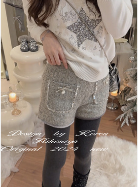 Spring韩国童装2024冬季亲子款蝴蝶结亮片韩版短裤女童加绒保暖裤
