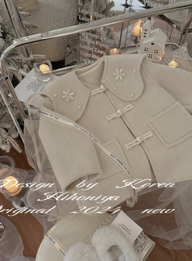 Spring韩国童装2024冬季新款洋气重工中长款呢子外套韩版亲子款