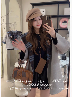 Spring韩国童装2024秋冬新款土星格纹双面呢子韩版大衣外套亲子款