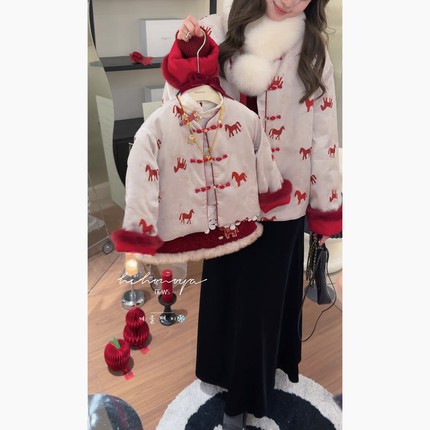 Spring韩国童装2025年冬季新款亲子新中式小马新年外套女童半身裙