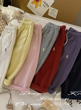 Spring韩国童装2024秋冬新款慵懒显瘦纯色刺绣抽绳韩版卫裤亲子款