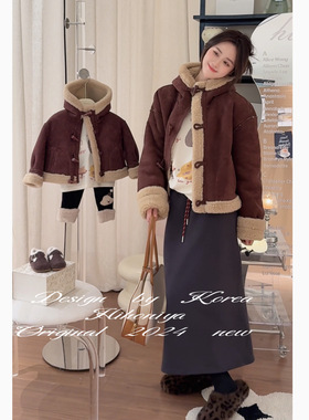 Spring韩国童装2024冬季新款复古麂皮绒牛角扣立领韩版外套亲子款