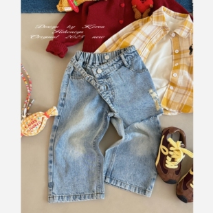 女童直通休闲裤 Spring韩国童装 亲子假两件破洞牛仔裤 新款 2025秋季