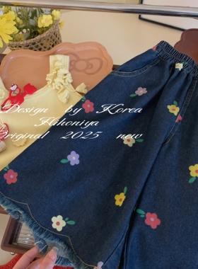 Spring韩国童装2025夏季新款亲子彩色小花朵牛仔裤女童直筒休闲裤