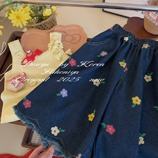 女童直筒休闲裤 Spring韩国童装 亲子彩色小花朵牛仔裤 新款 2025夏季