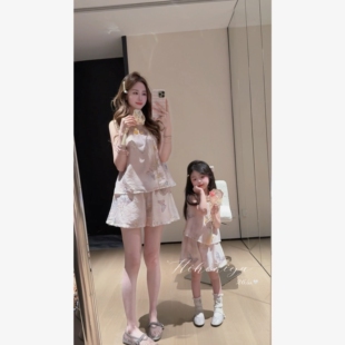 Spring韩国童装2026夏季新款亲子国风蝴蝶绣花马甲套装女童两件套