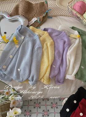 Spring韩国童装2025年夏季新款亲子纯色亚麻透气开衫女童针织上衣