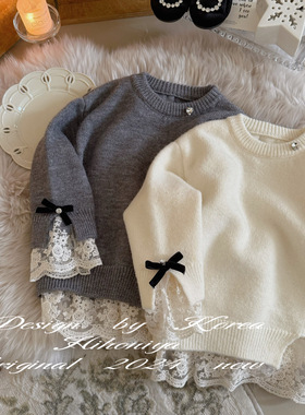 Spring韩国童装2024冬季亲子款蕾丝拼接袖口女童打底韩版圆领毛衣