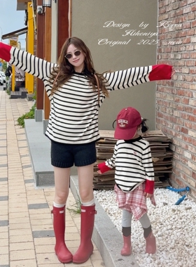 Spring韩国童装2025年秋季新款亲子条纹撞色亲肤针织衫女童打底衫