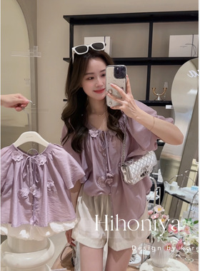 Spring韩国童装2025夏款韩版宽松儿童亲子紫色泡泡袖上衣可爱风