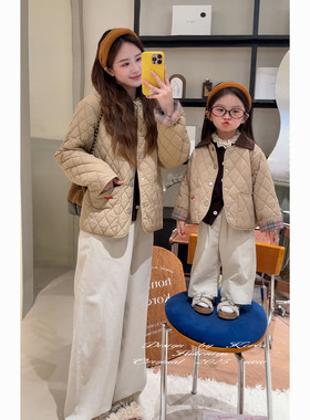 Spring韩国童装2025年秋冬新款亲子绗缝菱格翻领棉服女童保暖棉衣