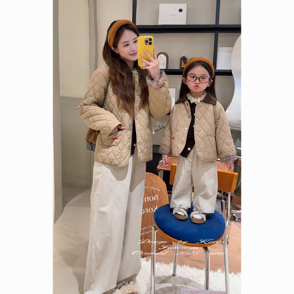 Spring韩国童装2025年秋冬新款亲子绗缝菱格翻领棉服女童保暖棉衣