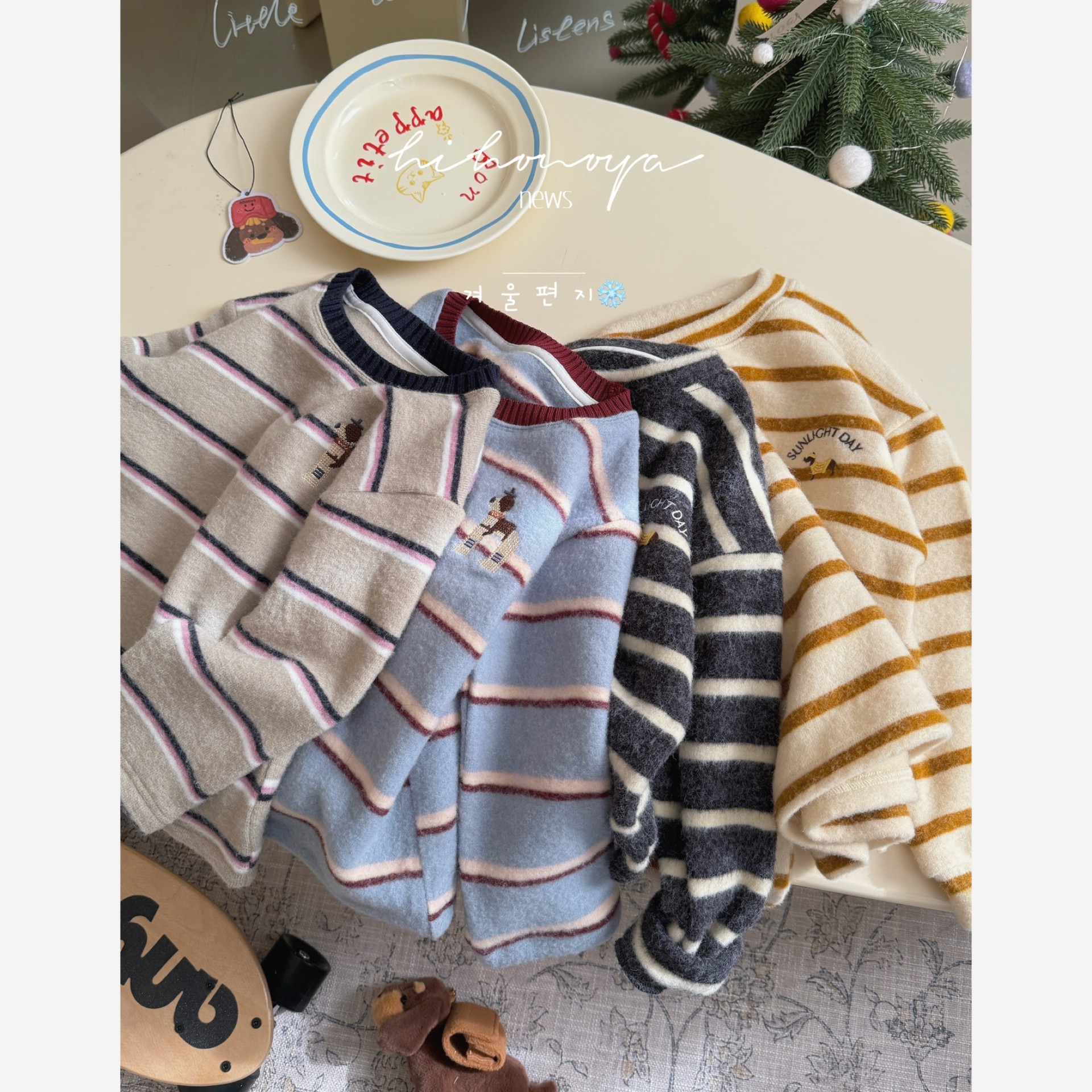 Spring韩国童装2025年冬季新款亲子小狗刺绣条纹长袖T恤女童卫衣