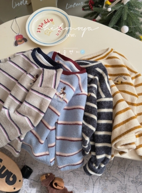 Spring韩国童装2025年冬季新款亲子小狗刺绣条纹长袖T恤女童卫衣