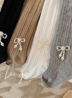 Spring韩国童装亲子2022秋冬季新品手工珍珠蝴蝶结连裤袜