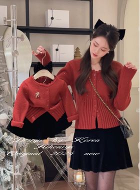 Spring韩国童装2025年冬季新款亲子款红色蕾丝边韩版女童重工毛衣