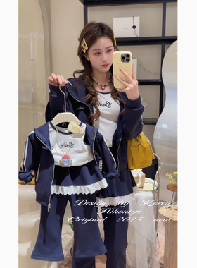 Spring韩国童装2025春新款亲子蕾丝边连帽套装女童运动休闲两件套