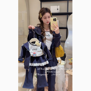 女童运动休闲两件套 亲子蕾丝边连帽套装 Spring韩国童装 2025春新款