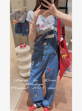 Spring韩国童装2025春夏新款亲子刺绣Kitty韩版背带裤女童休闲裤