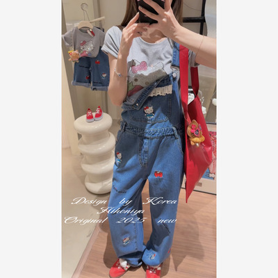 Spring韩国童装2025春夏新款亲子刺绣Kitty韩版背带裤女童休闲裤
