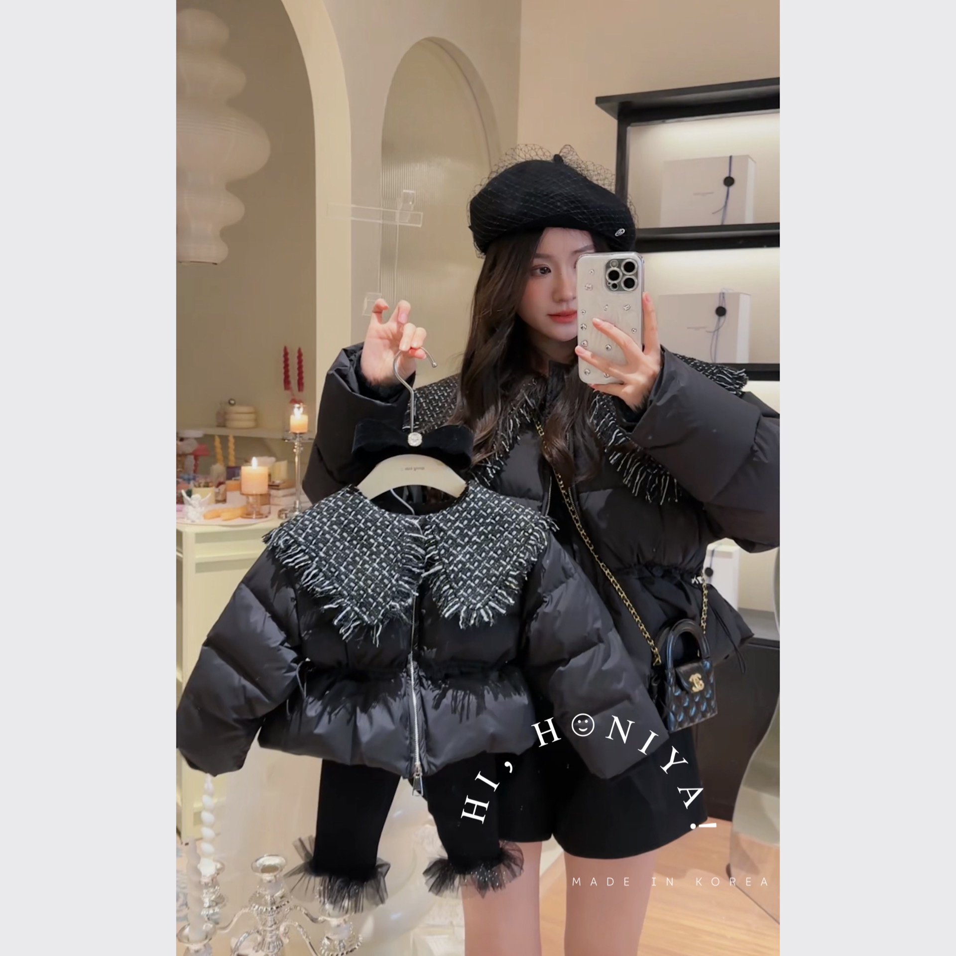 流苏娃娃翻领小香风亲子羽绒服