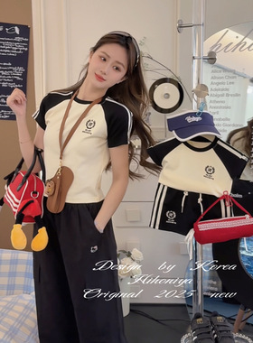 Spring韩国童装2025夏季新款女童条纹字母运动套装亲子短袖两件套