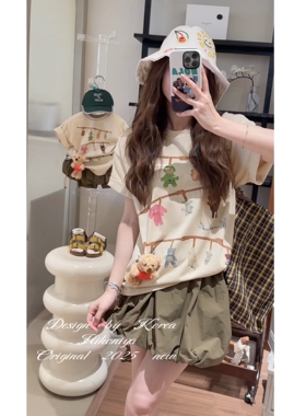 Spring韩国童装2025年夏季新款亲子秋千可爱小熊短袖女童圆领T恤