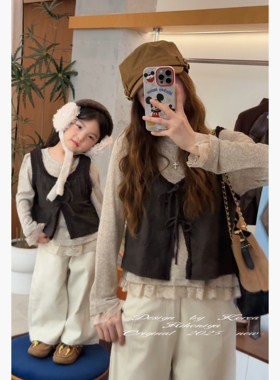 Spring韩国童装2025秋季新款亲子蕾丝拼接绑带马甲套装女童两件套