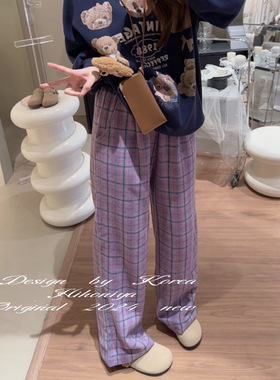Spring韩国童装2025秋季新款慵懒复古紫色格纹阔腿裤韩版亲子款