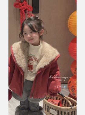 Spring韩国童装2025冬季新款亲子韩系大翻领毛毛加厚外套女童夹克