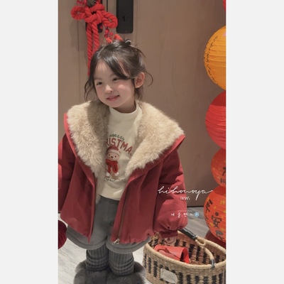 Spring韩国童装2025冬季新款亲子韩系大翻领毛毛加厚外套女童夹克