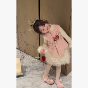 Spring韩国童装2026年冬季新款宝宝高定国风亮片珠绣马甲女童马夹