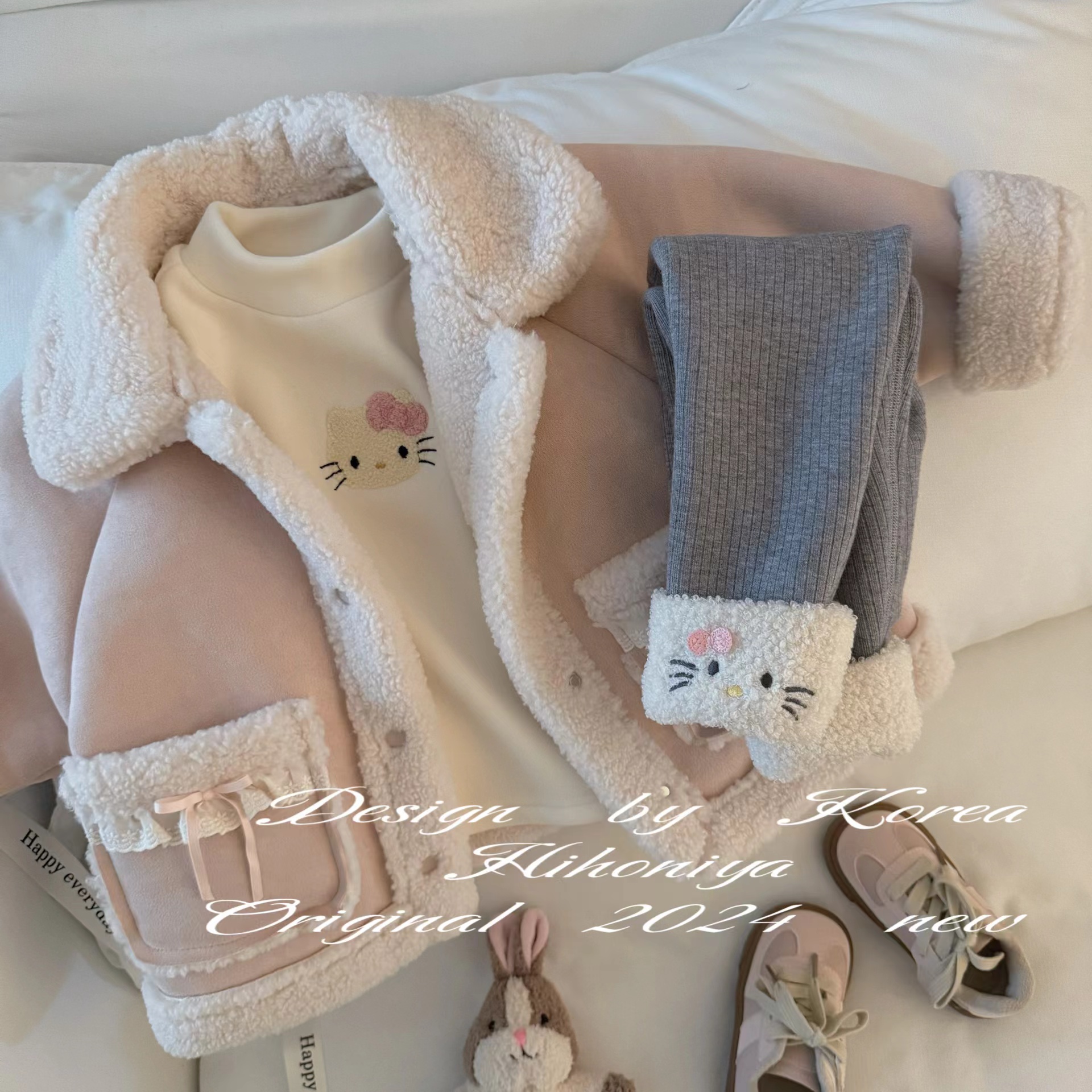 Spring韩国童装2024冬季新款百搭可爱猫咪拼毛韩版打底裤宝宝款