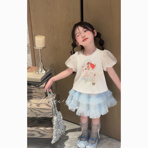 Spring韩国童装2026年夏季新款宝宝公主立体泡泡袖短袖女童网纱裙