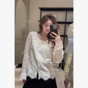 女童打底衫 Spring韩国童装 亲子镂空蕾丝V领花边开衫 新款 2026冬季