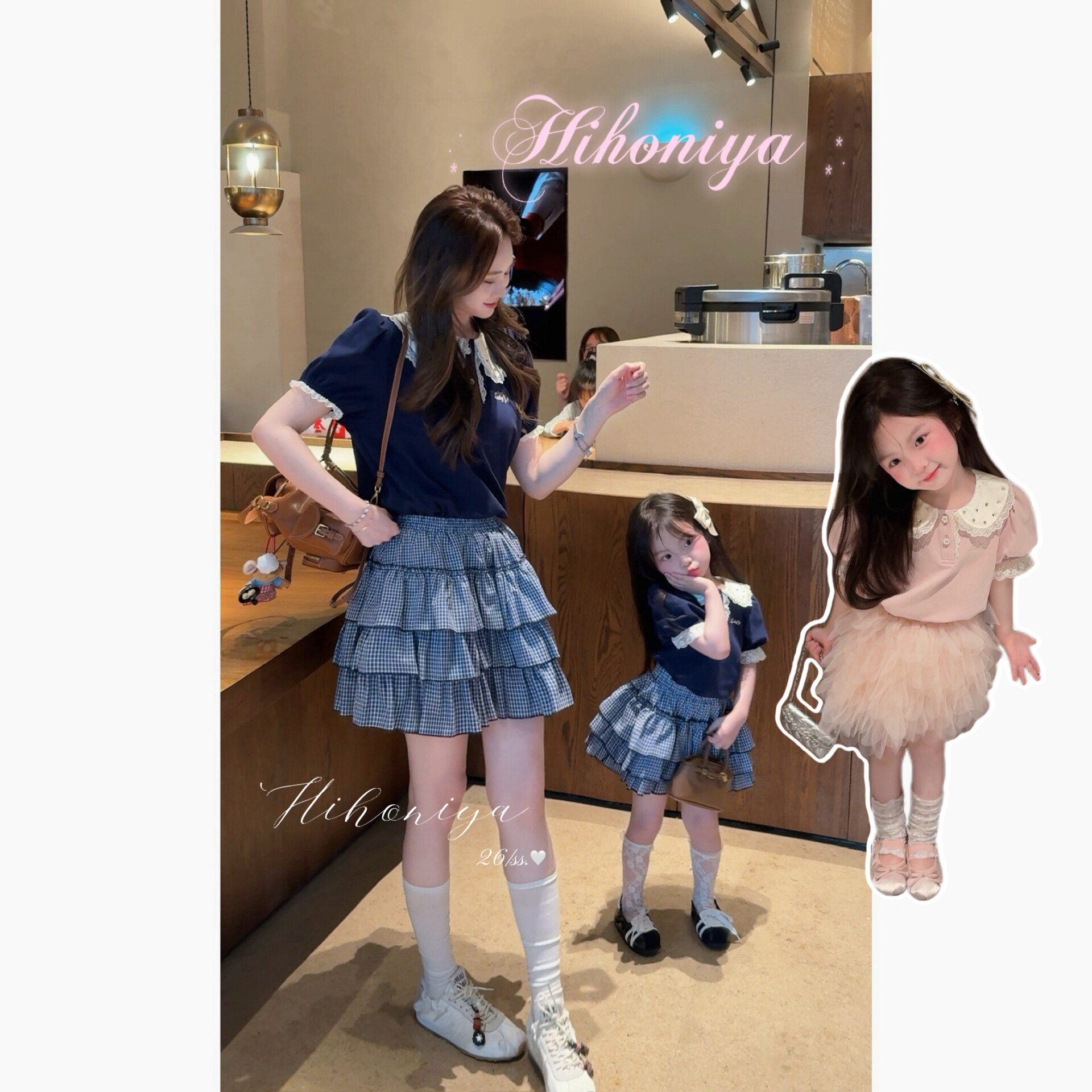 Spring韩国童装2026夏季新款亲子娃娃领蕾丝韩系短袖女童翻领上衣