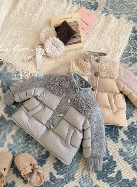 Spring韩国童装2025冬季新款亲子羊羔毛拼接90羽绒服女童保暖外套