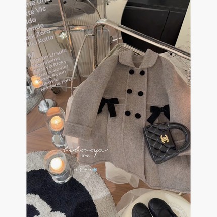 Spring韩国童装2025冬季新款宝宝精致洋气撞色呢大衣女童保暖外套