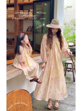 Spring韩国童装2025夏季新款亲子法式压皱设计连衣裙女童长袖裙子