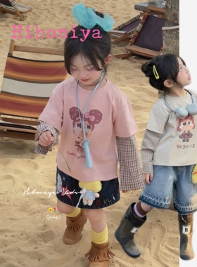 Spring韩国童装2026年春季新款亲子拼接条纹袖假两件长袖女童卫衣