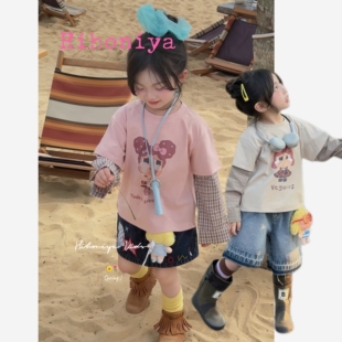 假两件长袖 Spring韩国童装 亲子拼接条纹袖 新款 女童卫衣 2026年春季