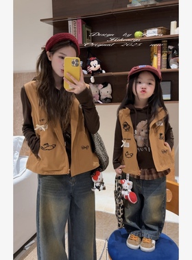 Spring韩国童装2025秋季新款亲子卡通Kitty刺绣马甲女童无袖坎肩